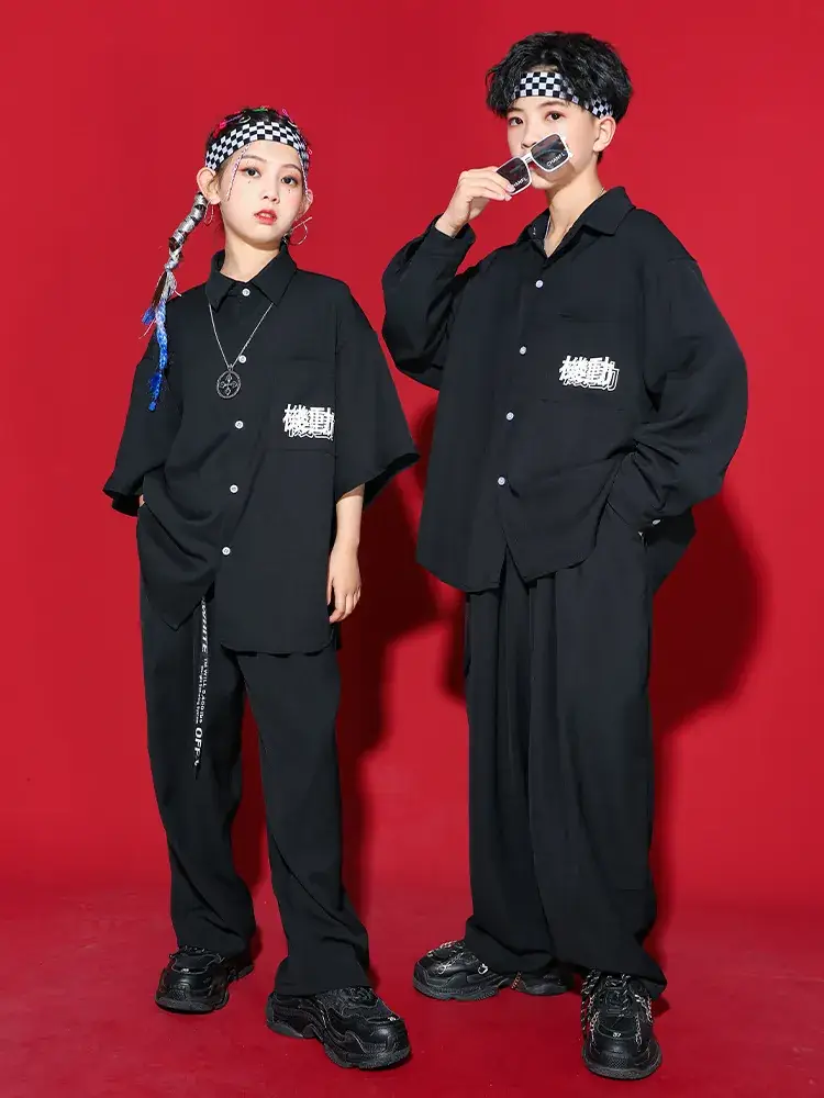Black Hip Hop Performance Shirt for Boys Girls