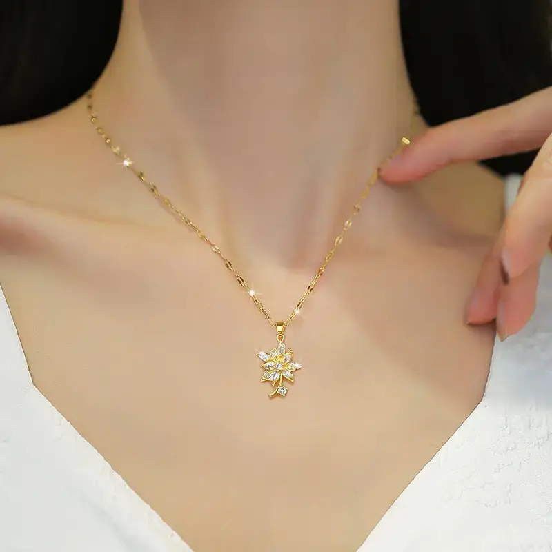 Gold Flower Pendant Necklace with Zircon Accents