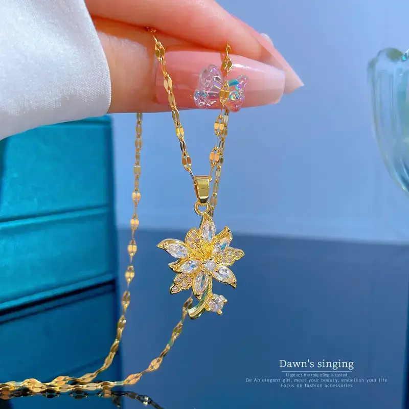 Gold Flower Pendant Necklace with Zircon Accents