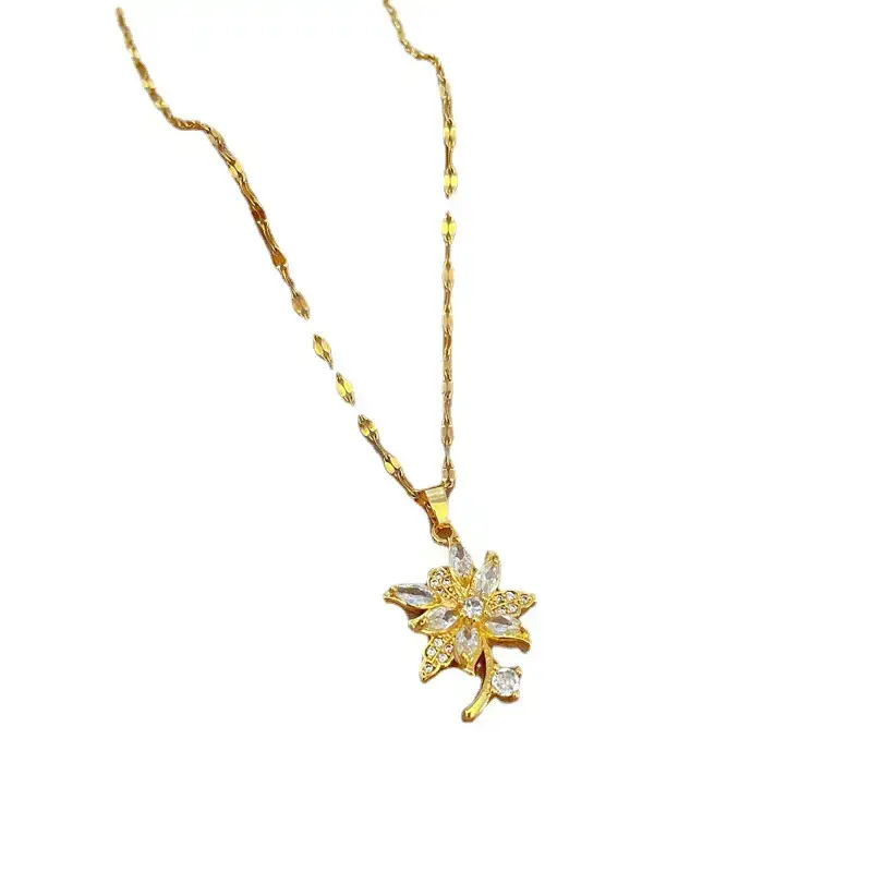 Gold Flower Pendant Necklace with Zircon Accents
