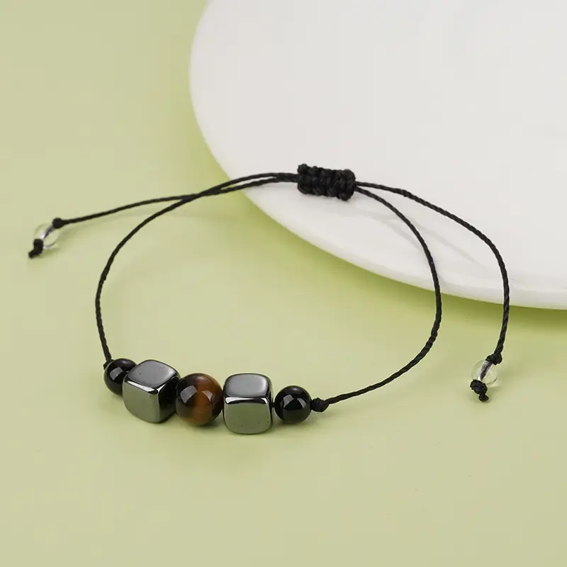 2022 Black Stone Beads Wax Line Tiger Eye Stone Set