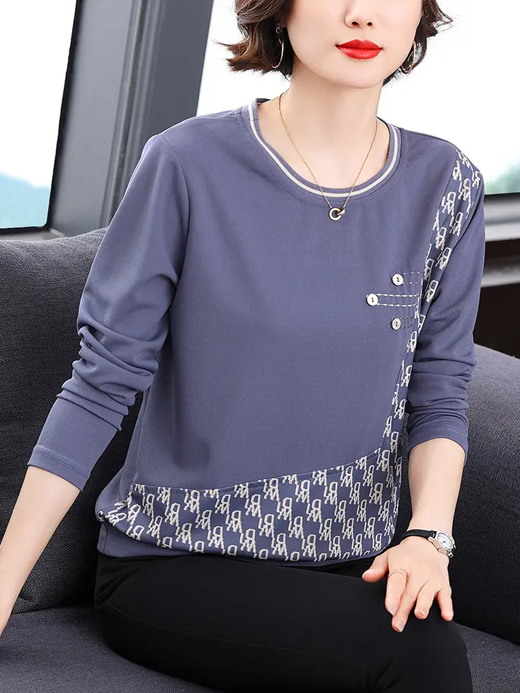 2025 Women's Blue Patterned Long Sleeve T-Shirt