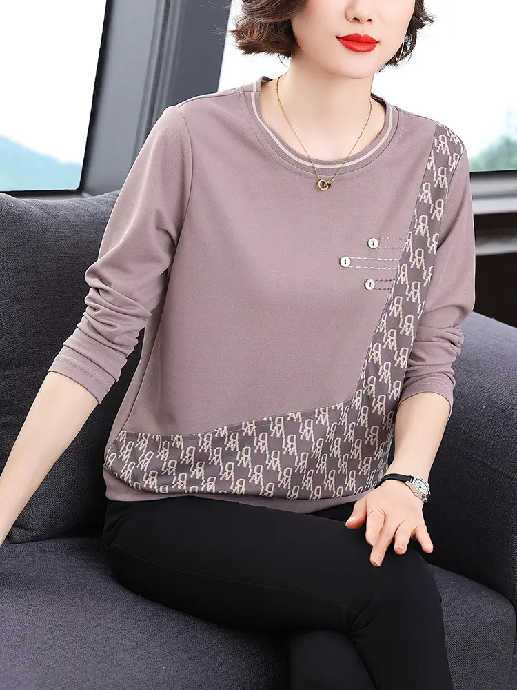 2025 Women's Blue Patterned Long Sleeve T-Shirt