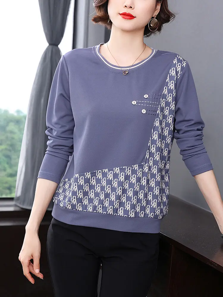 2025 Women's Blue Patterned Long Sleeve T-Shirt