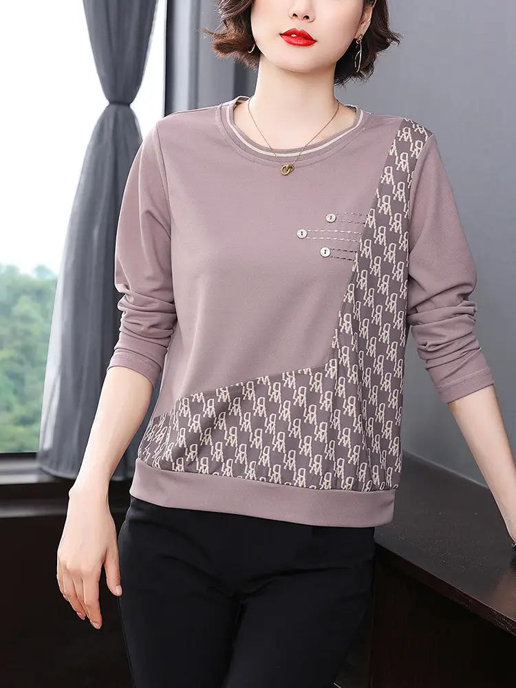 2025 Women's Blue Patterned Long Sleeve T-Shirt