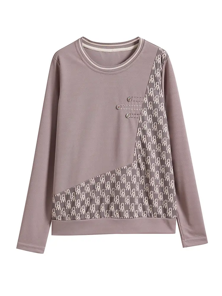 2025 Women's Blue Patterned Long Sleeve T-Shirt