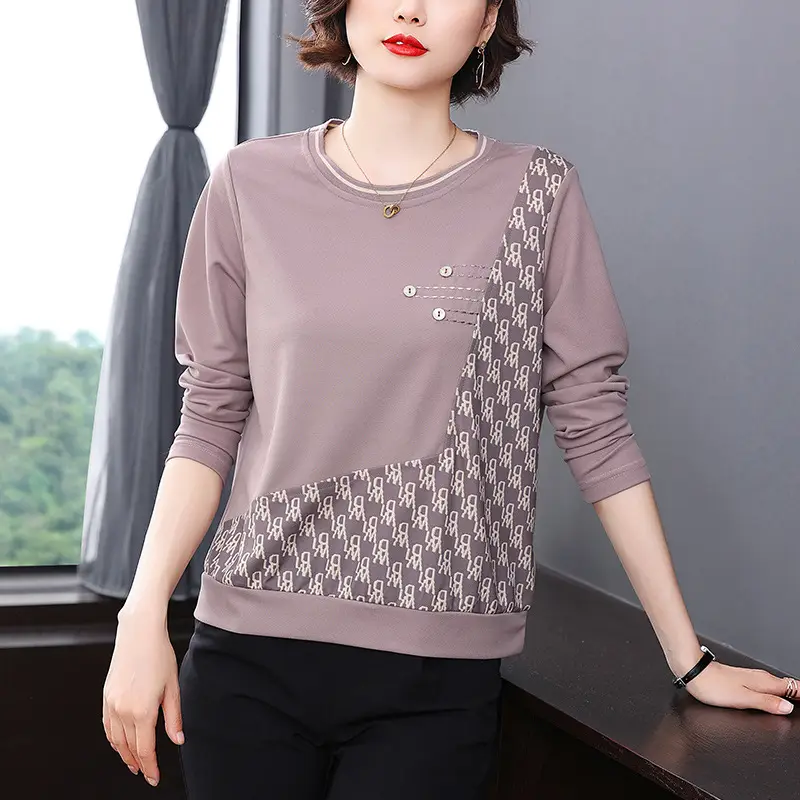 2025 Women's Blue Patterned Long Sleeve T-Shirt