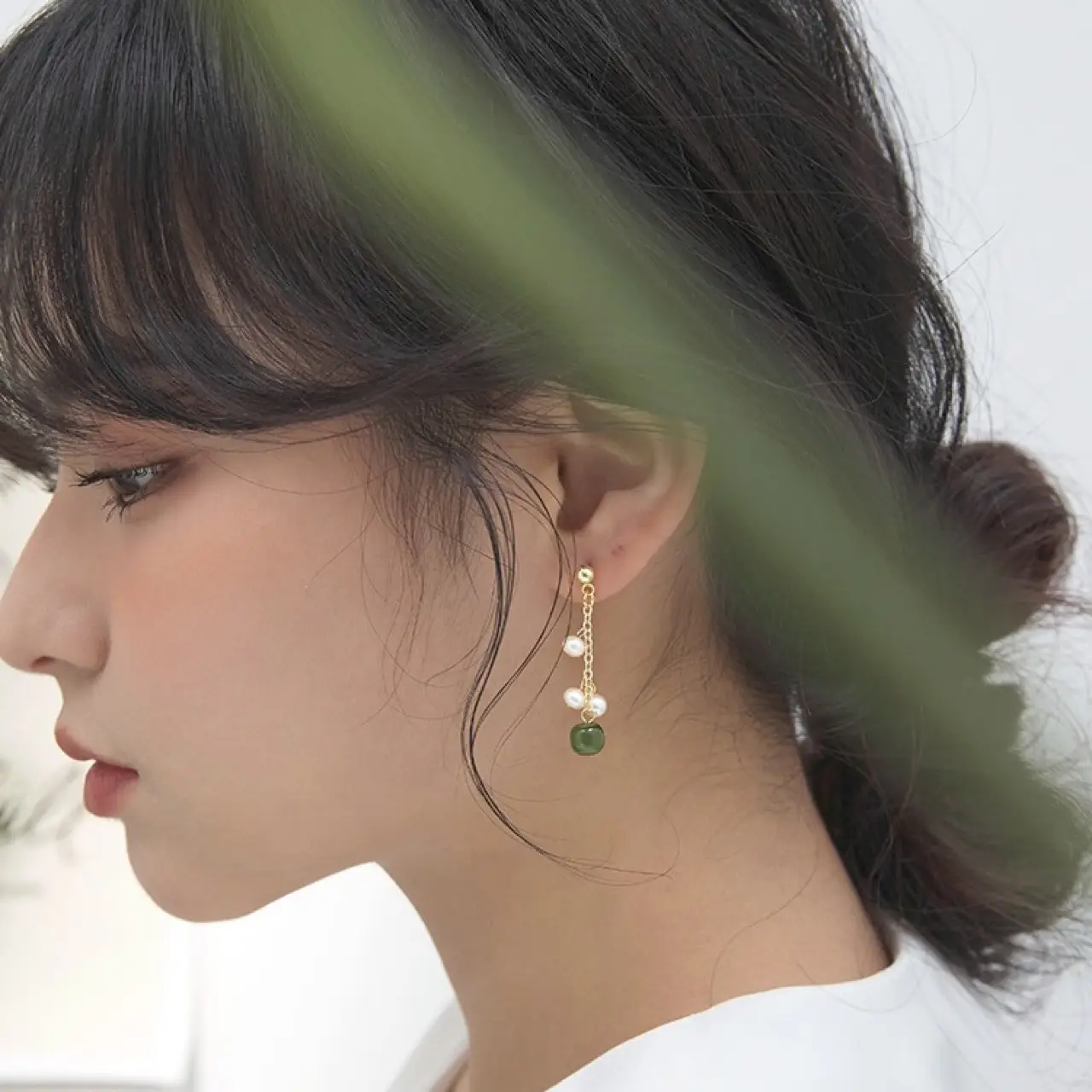 S925 Silver Needle Earrings with Freshwater Pearl & Jade Tassel - Image 2