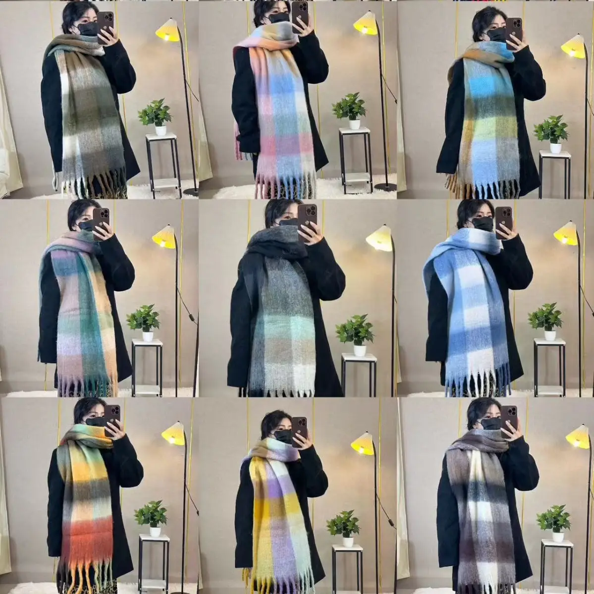 Warm Rainbow Plaid Waxy Mohair Scarf for Women - Image 61