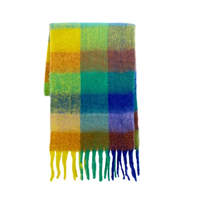 Warm Rainbow Plaid Waxy Mohair Scarf for Women - Image 62