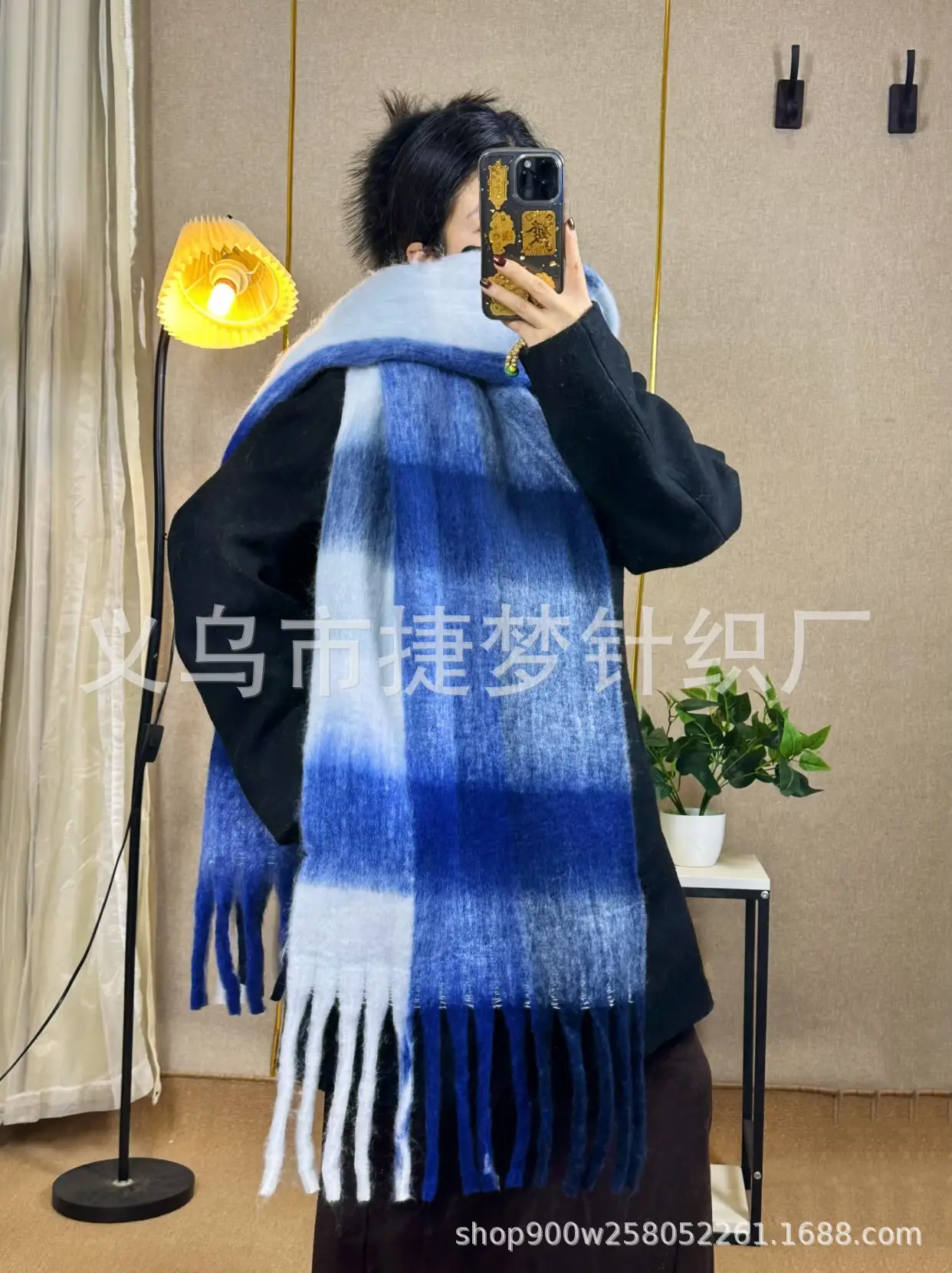 Warm Rainbow Plaid Waxy Mohair Scarf for Women - Image 10
