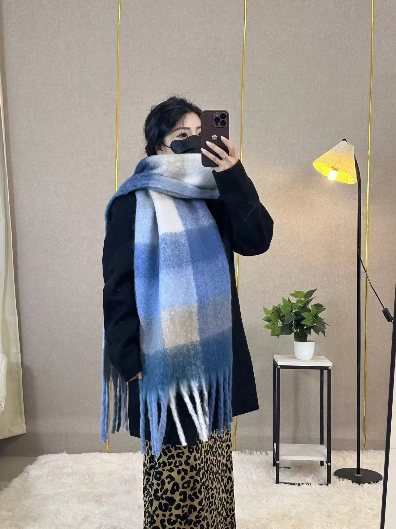 Warm Rainbow Plaid Waxy Mohair Scarf for Women - Image 11
