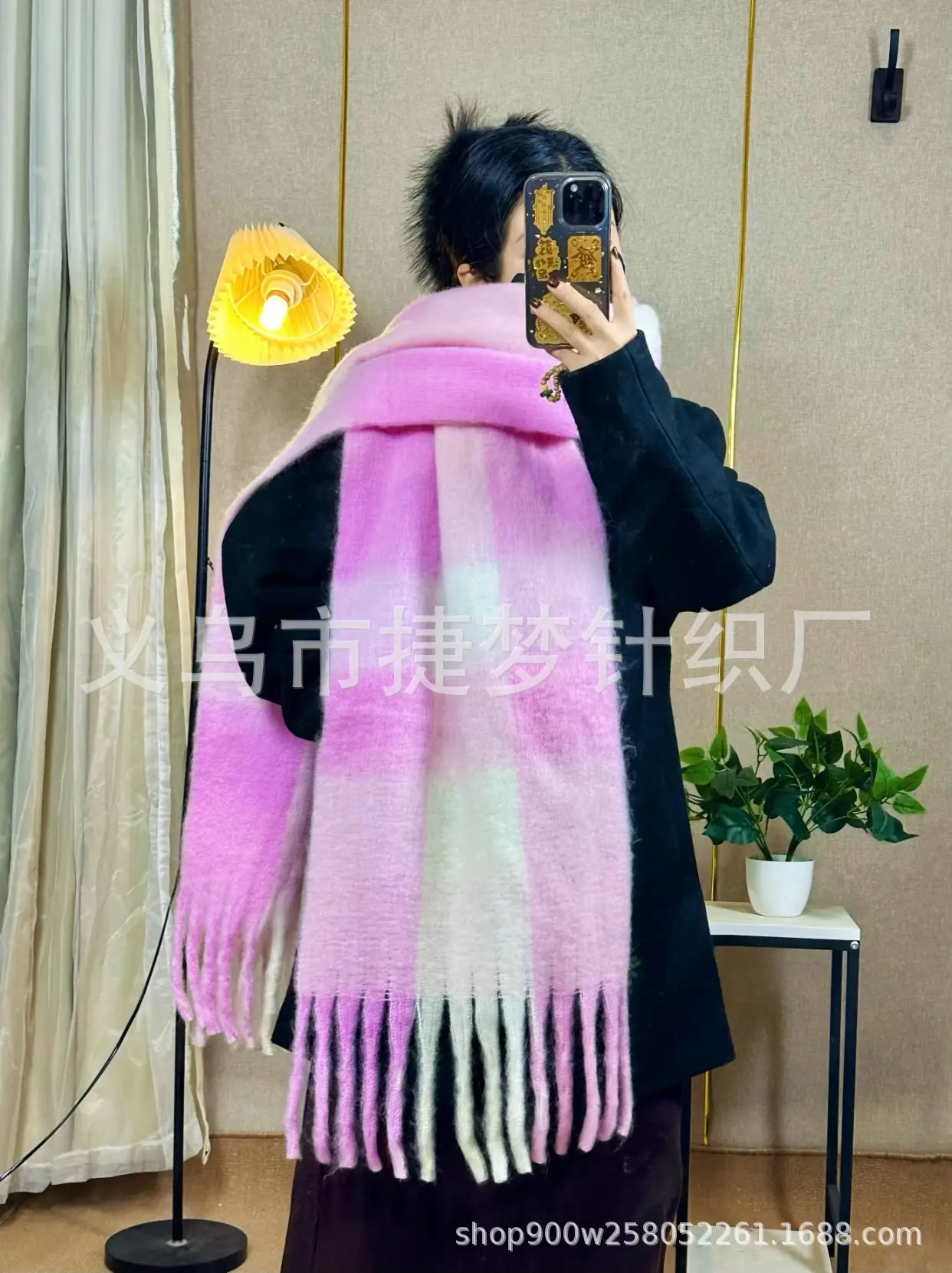 Warm Rainbow Plaid Waxy Mohair Scarf for Women - Image 12