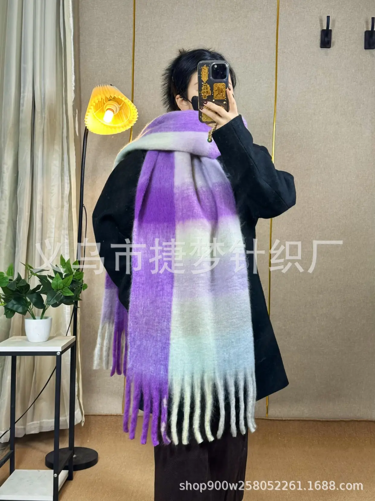 Warm Rainbow Plaid Waxy Mohair Scarf for Women - Image 13