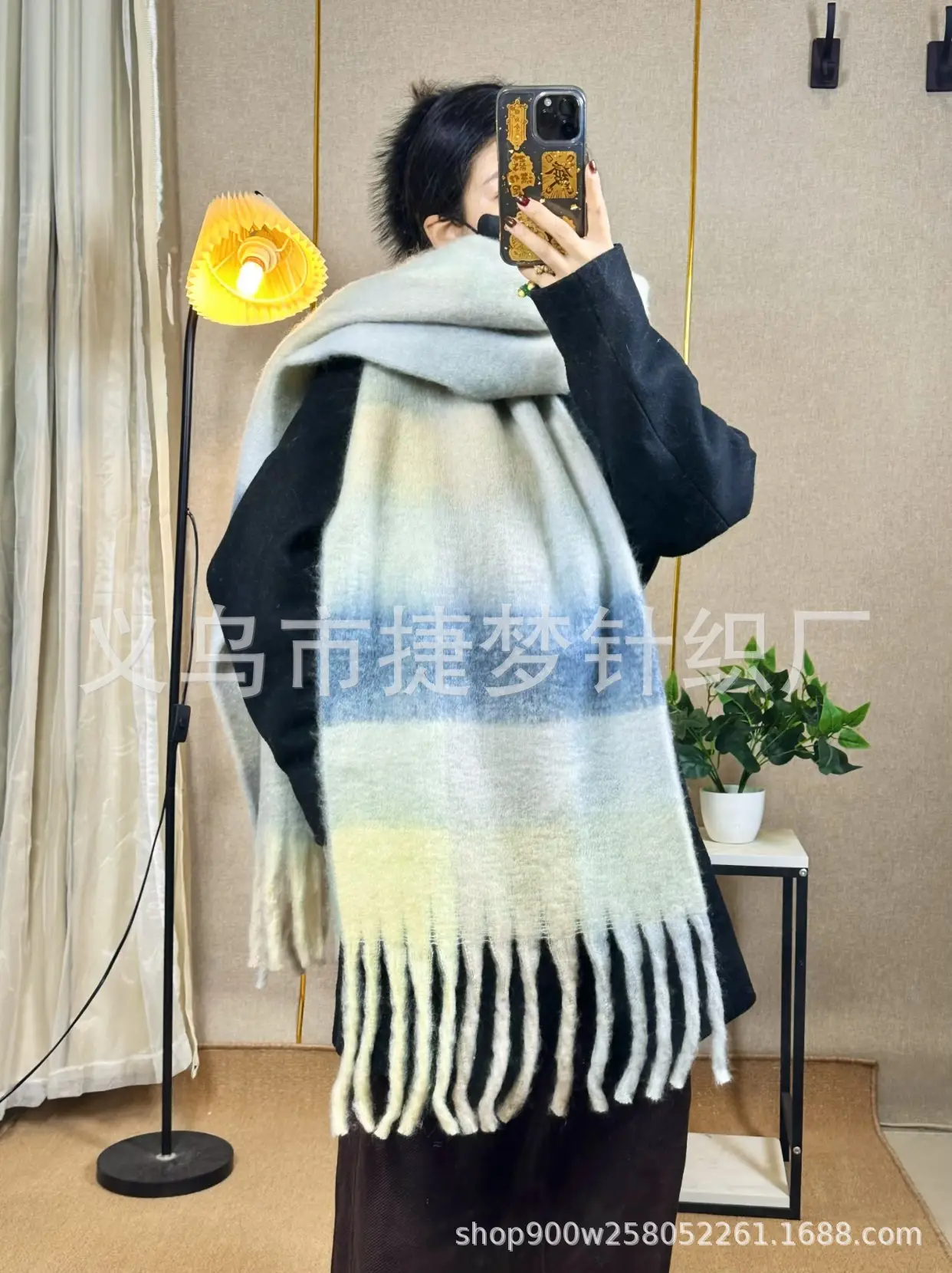 Warm Rainbow Plaid Waxy Mohair Scarf for Women - Image 14
