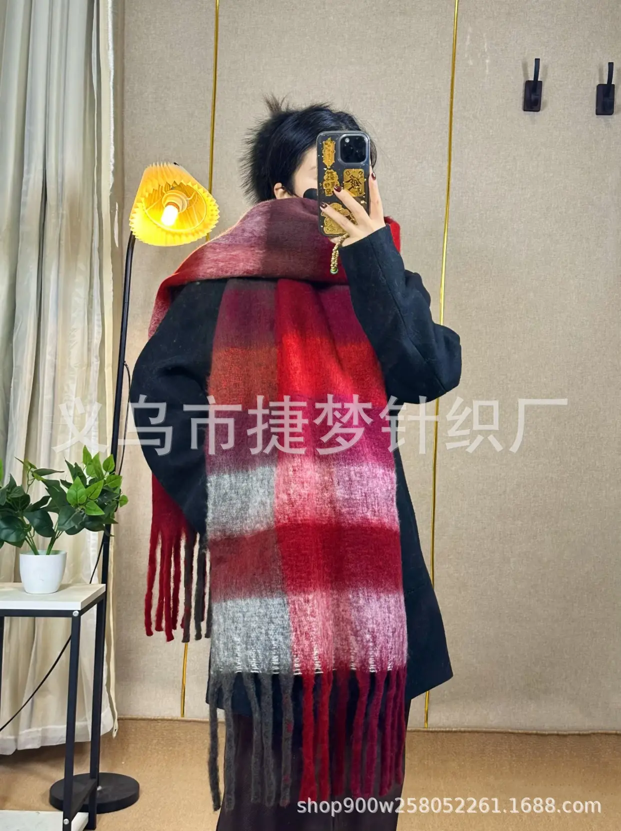 Warm Rainbow Plaid Waxy Mohair Scarf for Women - Image 15