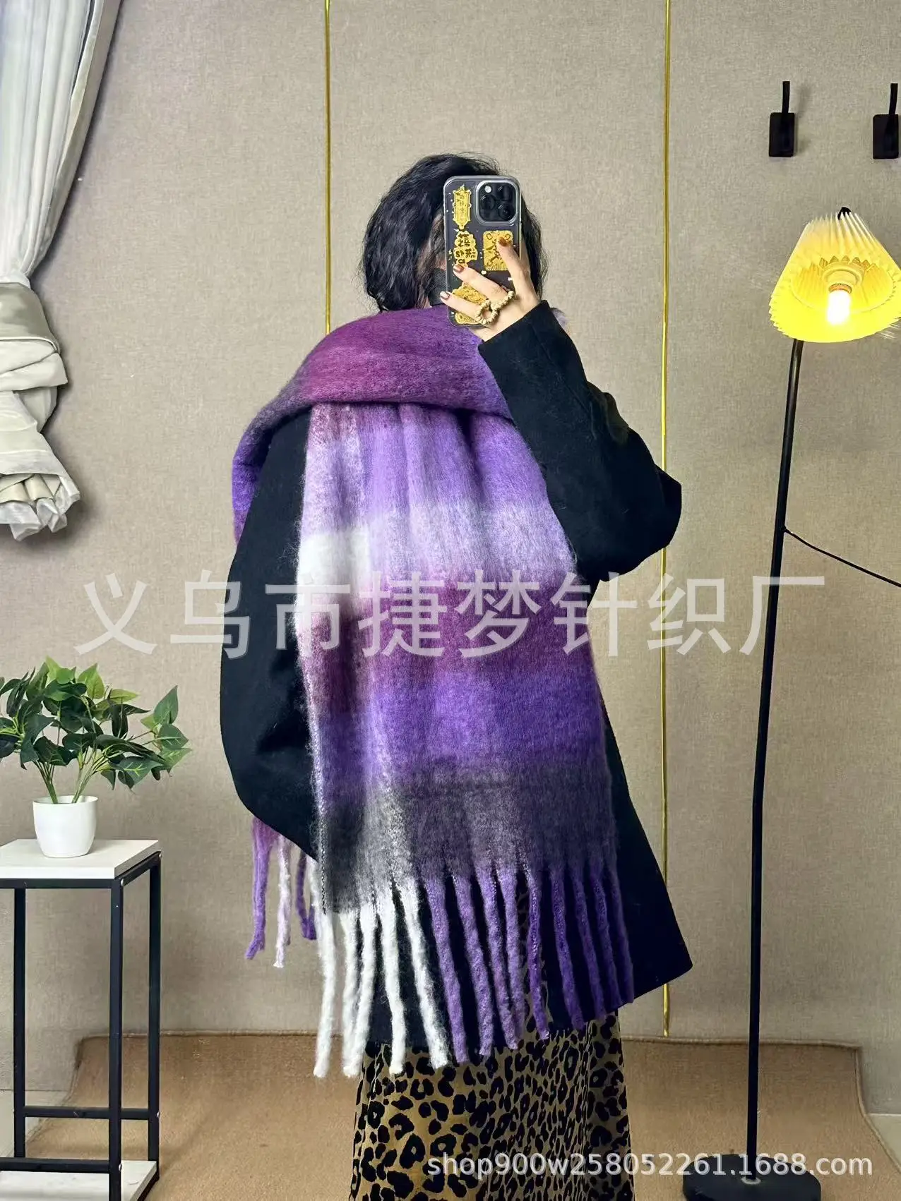Warm Rainbow Plaid Waxy Mohair Scarf for Women - Image 16