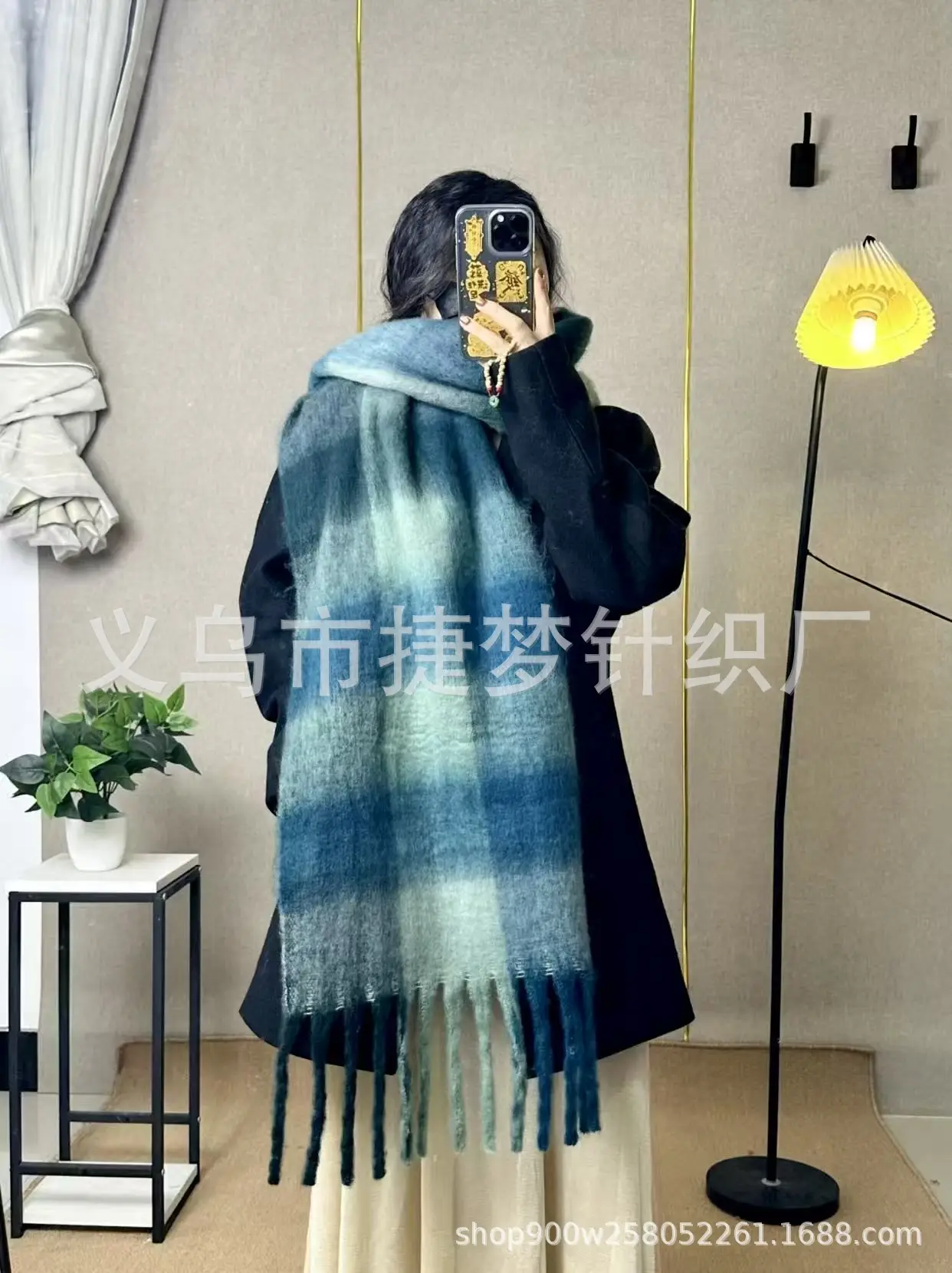 Warm Rainbow Plaid Waxy Mohair Scarf for Women - Image 17