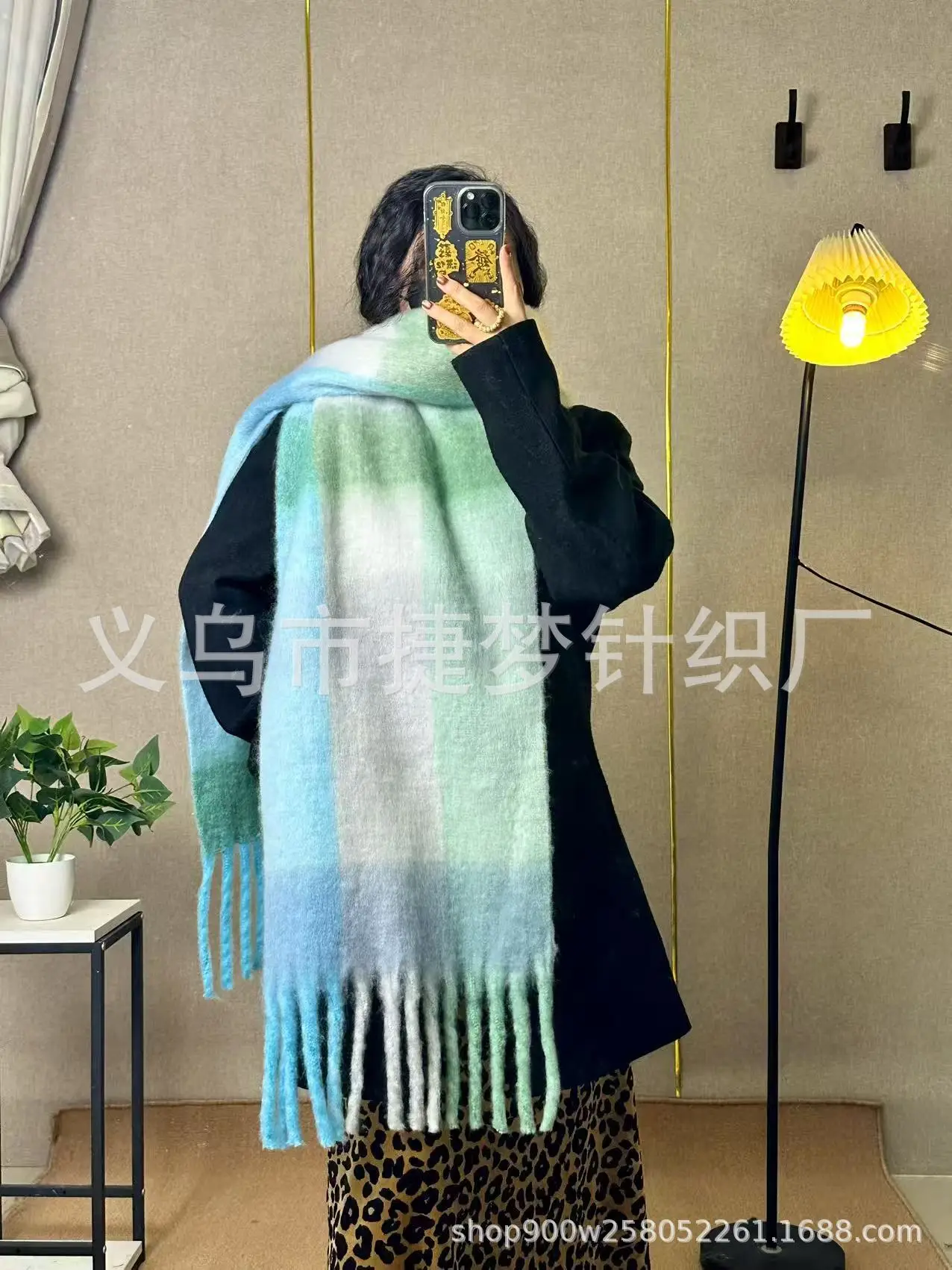 Warm Rainbow Plaid Waxy Mohair Scarf for Women - Image 18