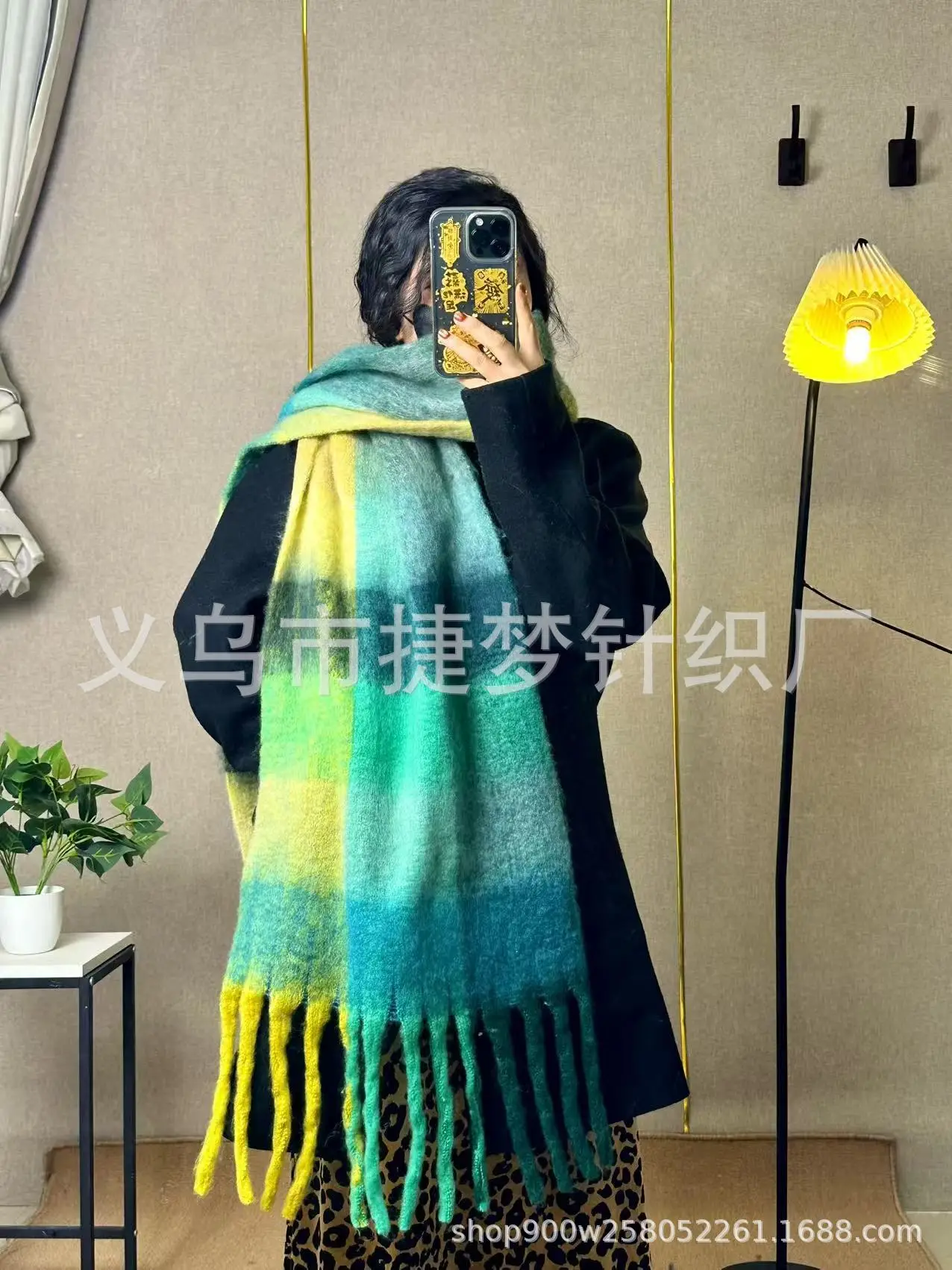 Warm Rainbow Plaid Waxy Mohair Scarf for Women - Image 19