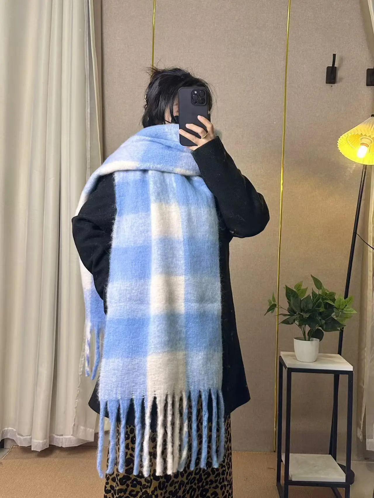 Warm Rainbow Plaid Waxy Mohair Scarf for Women - Image 2