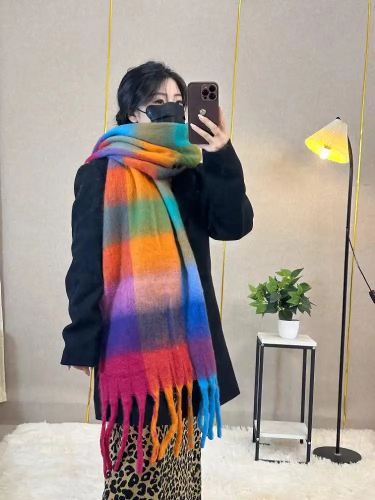 Warm Rainbow Plaid Waxy Mohair Scarf for Women - Image 20
