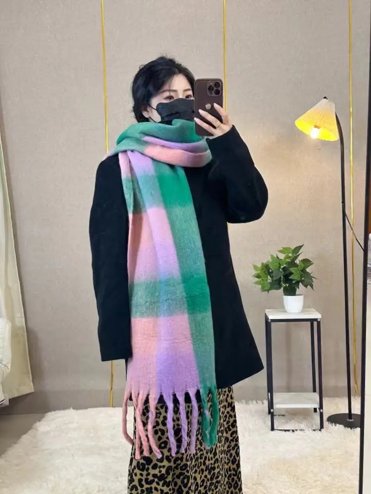 Warm Rainbow Plaid Waxy Mohair Scarf for Women - Image 21