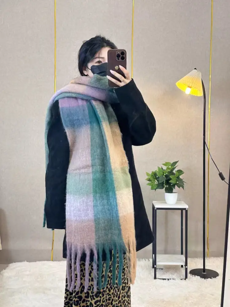 Warm Rainbow Plaid Waxy Mohair Scarf for Women - Image 22