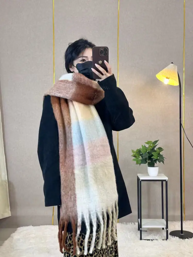 Warm Rainbow Plaid Waxy Mohair Scarf for Women - Image 23