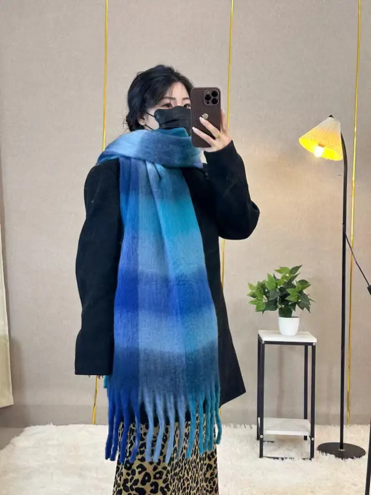 Warm Rainbow Plaid Waxy Mohair Scarf for Women - Image 24