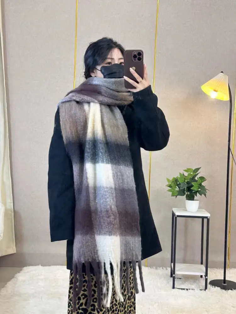 Warm Rainbow Plaid Waxy Mohair Scarf for Women - Image 25