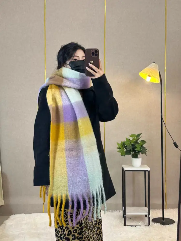 Warm Rainbow Plaid Waxy Mohair Scarf for Women - Image 26