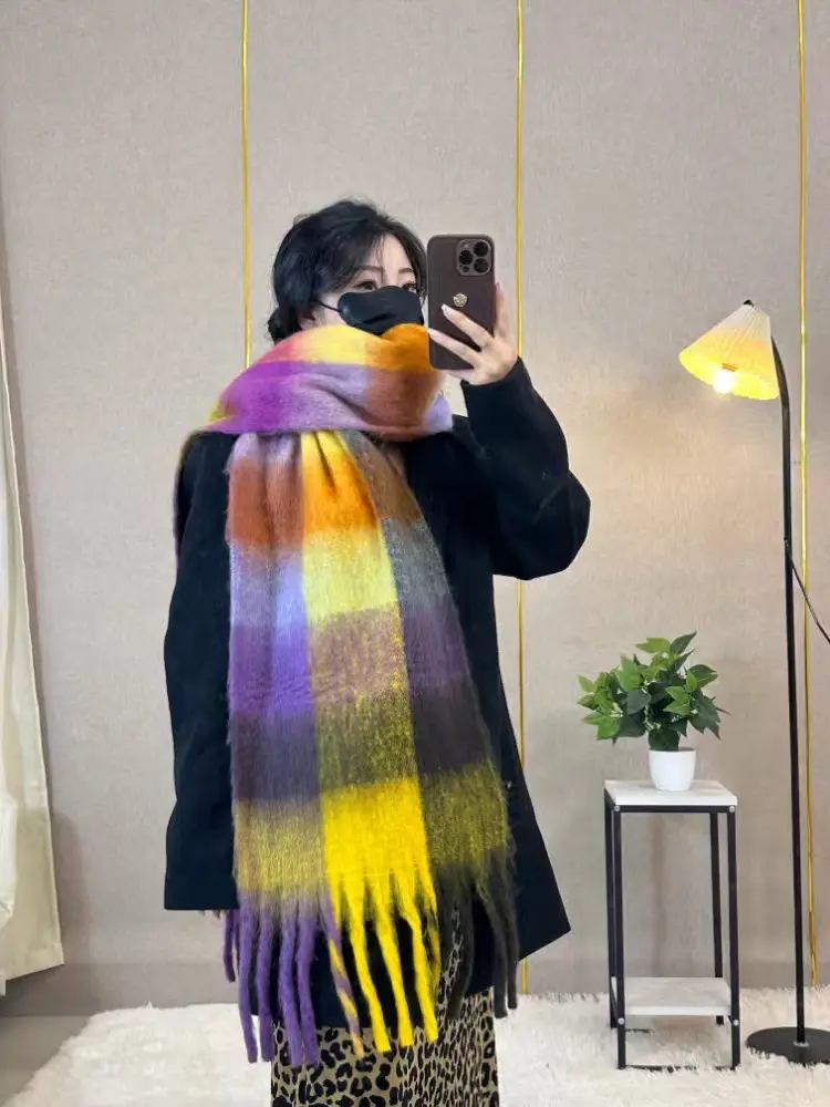Warm Rainbow Plaid Waxy Mohair Scarf for Women - Image 27