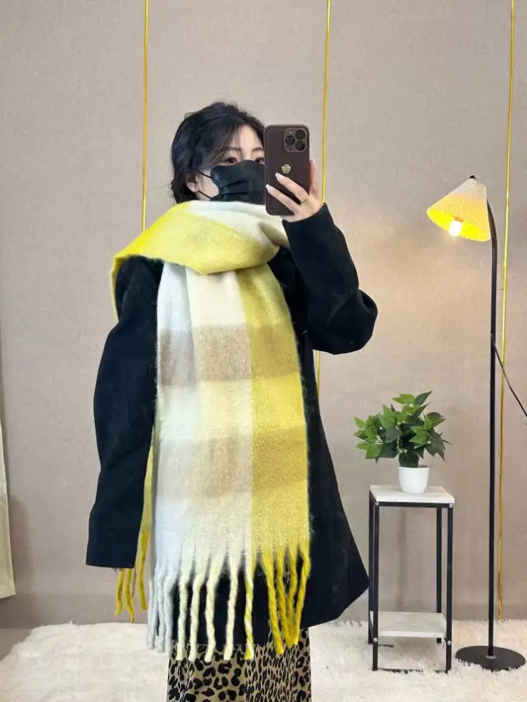 Warm Rainbow Plaid Waxy Mohair Scarf for Women - Image 28