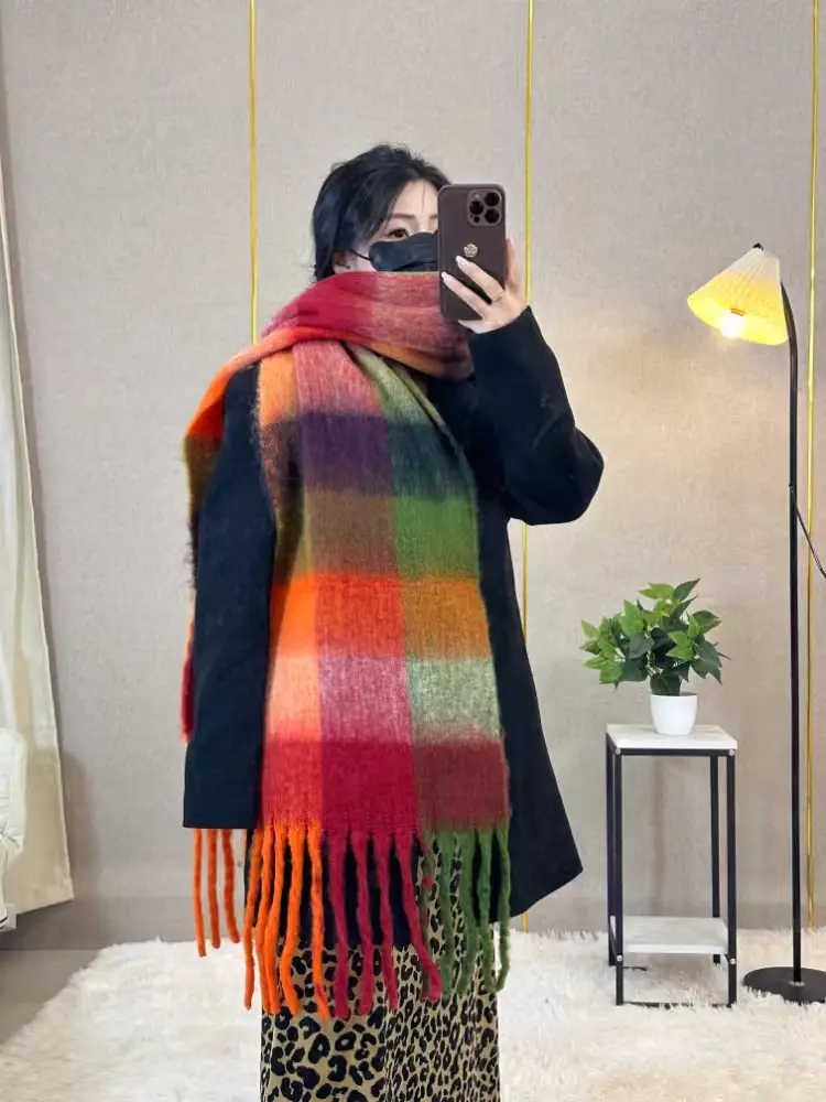 Warm Rainbow Plaid Waxy Mohair Scarf for Women - Image 29