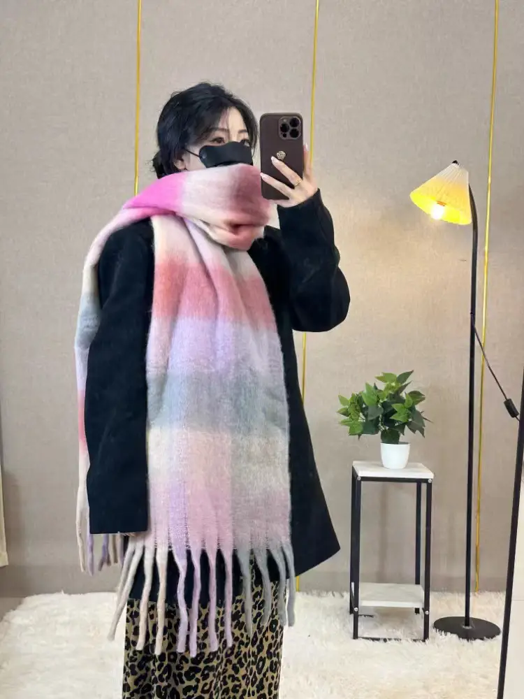 Warm Rainbow Plaid Waxy Mohair Scarf for Women - Image 3