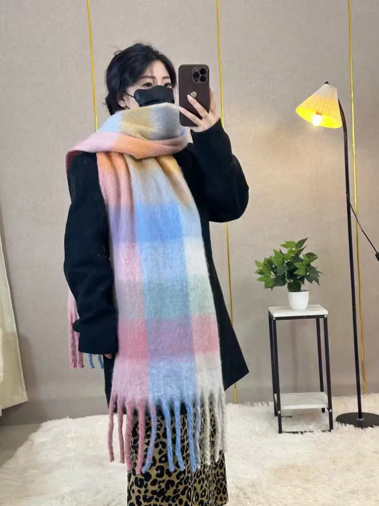 Warm Rainbow Plaid Waxy Mohair Scarf for Women - Image 30