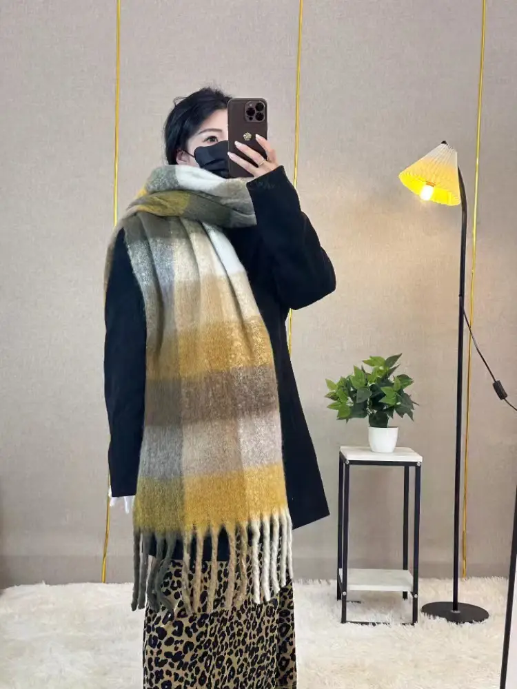 Warm Rainbow Plaid Waxy Mohair Scarf for Women - Image 31