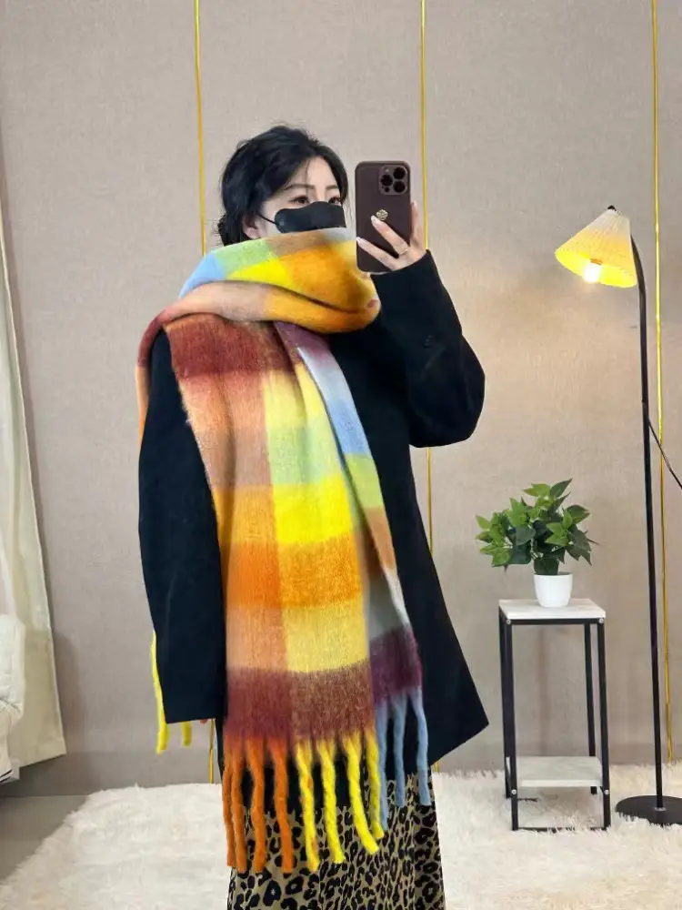 Warm Rainbow Plaid Waxy Mohair Scarf for Women - Image 32