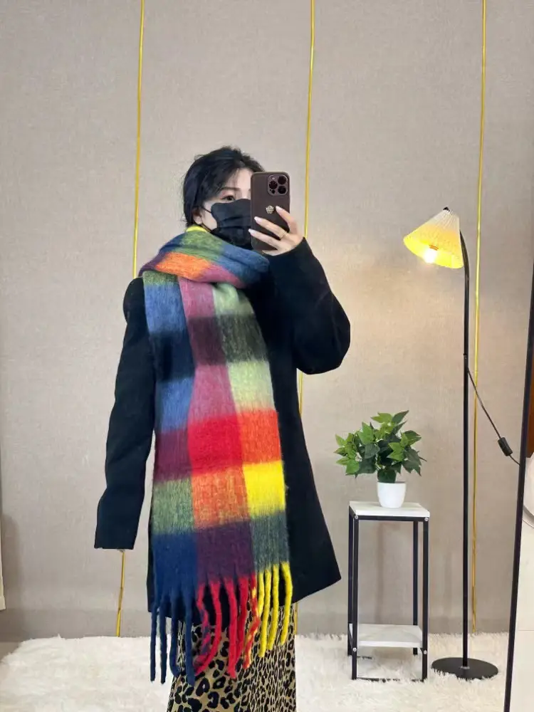 Warm Rainbow Plaid Waxy Mohair Scarf for Women - Image 33