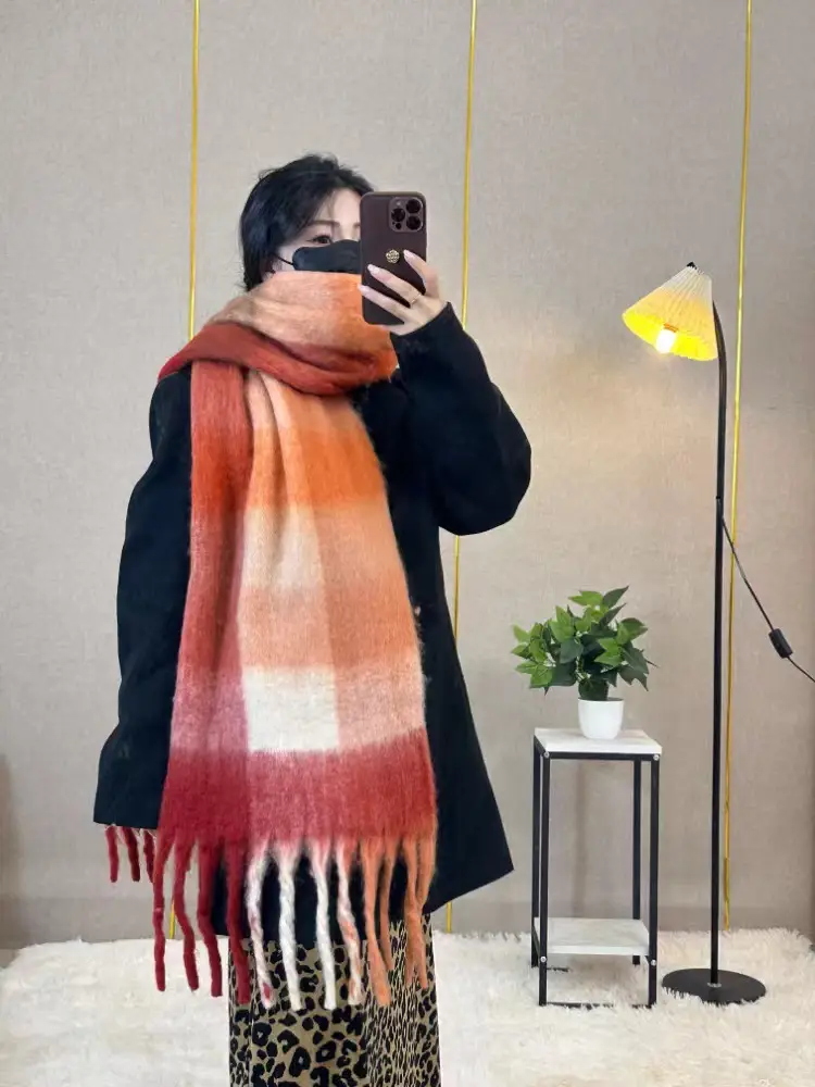 Warm Rainbow Plaid Waxy Mohair Scarf for Women - Image 34