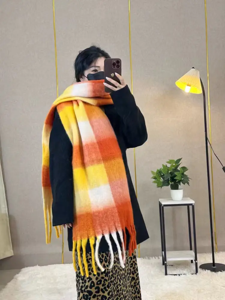 Warm Rainbow Plaid Waxy Mohair Scarf for Women - Image 35