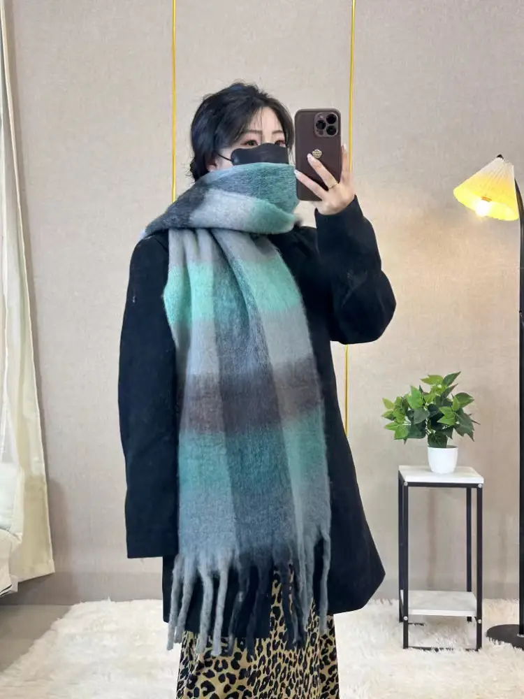 Warm Rainbow Plaid Waxy Mohair Scarf for Women - Image 36