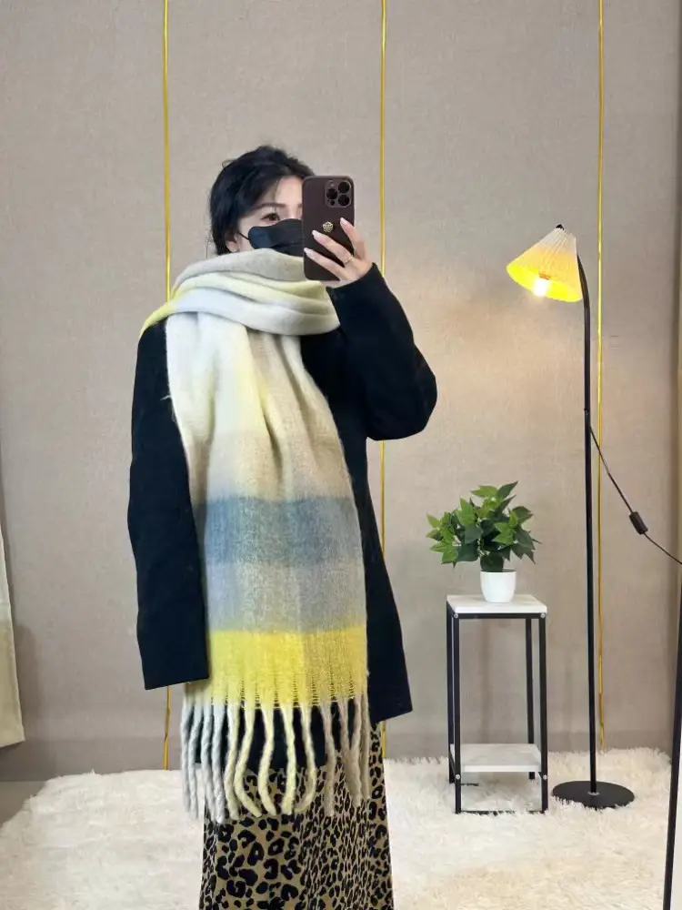 Warm Rainbow Plaid Waxy Mohair Scarf for Women - Image 37