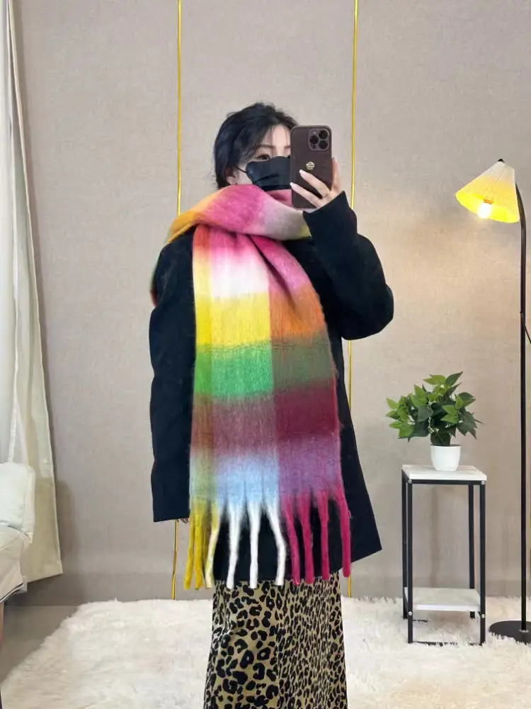 Warm Rainbow Plaid Waxy Mohair Scarf for Women - Image 38