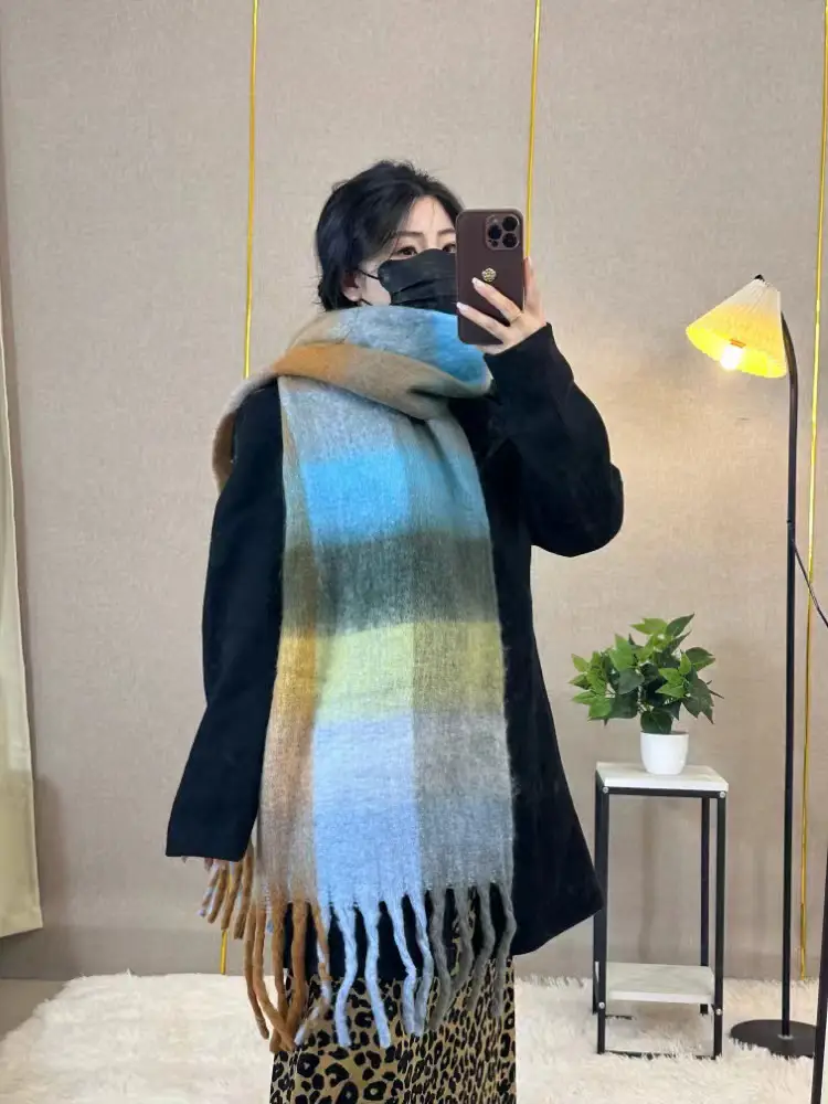 Warm Rainbow Plaid Waxy Mohair Scarf for Women - Image 39