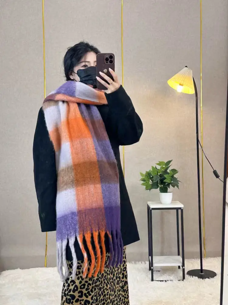 Warm Rainbow Plaid Waxy Mohair Scarf for Women - Image 40