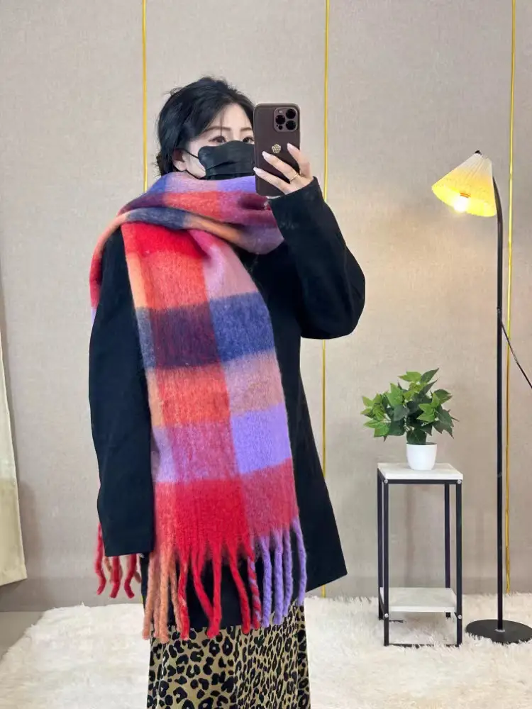 Warm Rainbow Plaid Waxy Mohair Scarf for Women - Image 41
