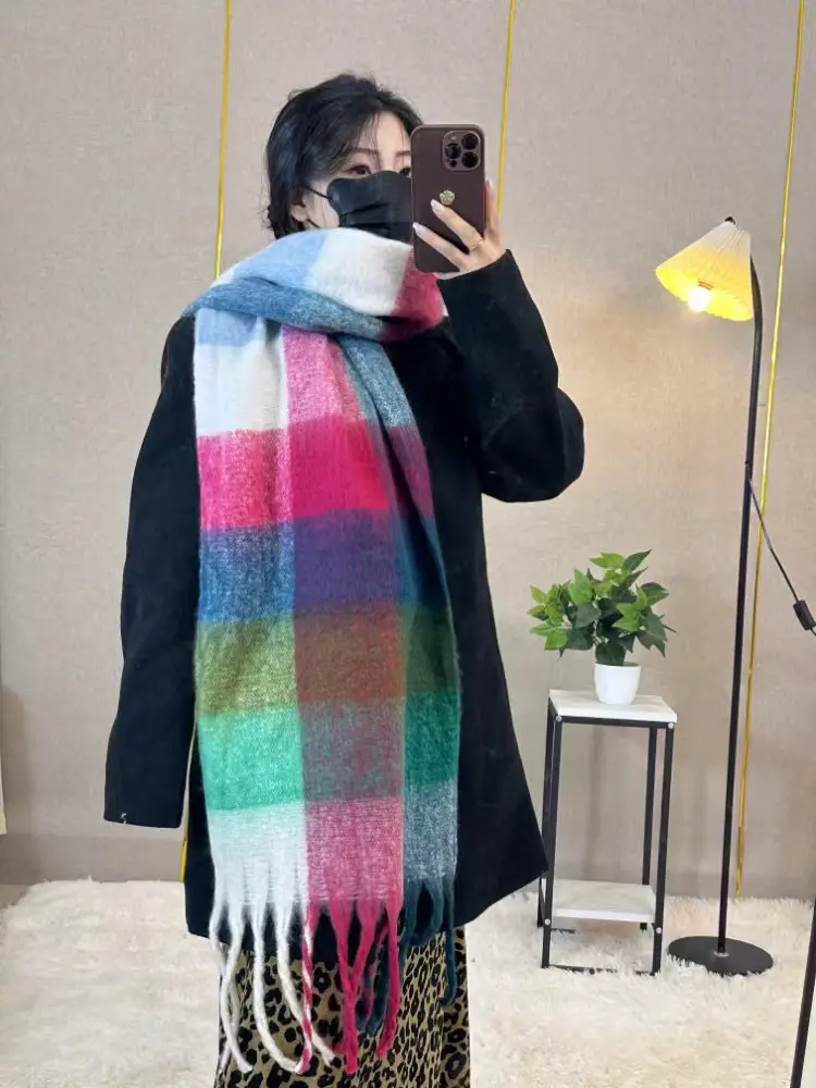 Warm Rainbow Plaid Waxy Mohair Scarf for Women - Image 42