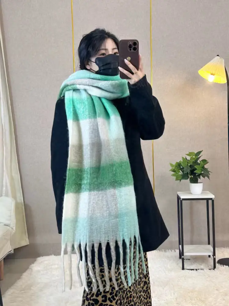 Warm Rainbow Plaid Waxy Mohair Scarf for Women - Image 43